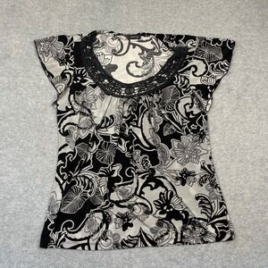 Judith Top Womens 1X Black Floral Lace Trim Scoop Neck Cap Sleeve Blouse
